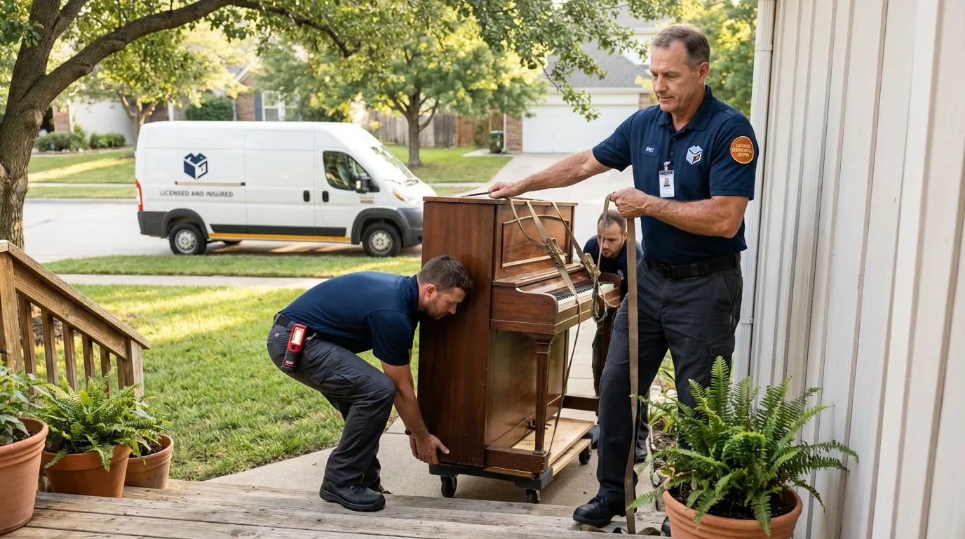 Licensed piano movers securing grand piano in Belle Fourche, SD
